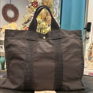Hermes Gray Canvas Herline Tote MM Vintage Bag Like New Condition